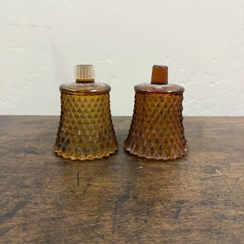 Pair Vintage Amber Glass Diamond‎ Peg Votive Cup Candle Holders Sconces
